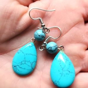 *Sale* New Blue Turquoise Dyed Howlite Teardrop Pendant Beaded Earrings.
